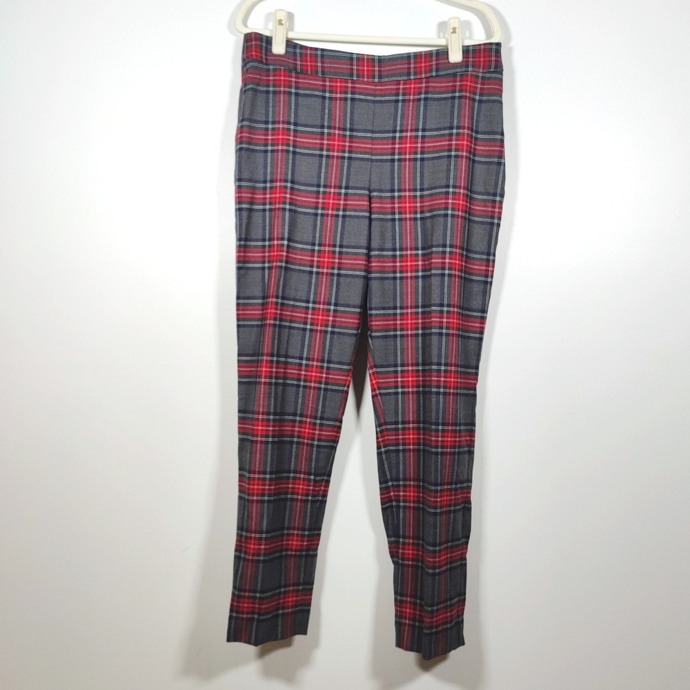 Talbots Plaid Wool Blend Slim Ankle Pants Red Grey Tartan Size 12 Side Zip - Picture 2 of 8